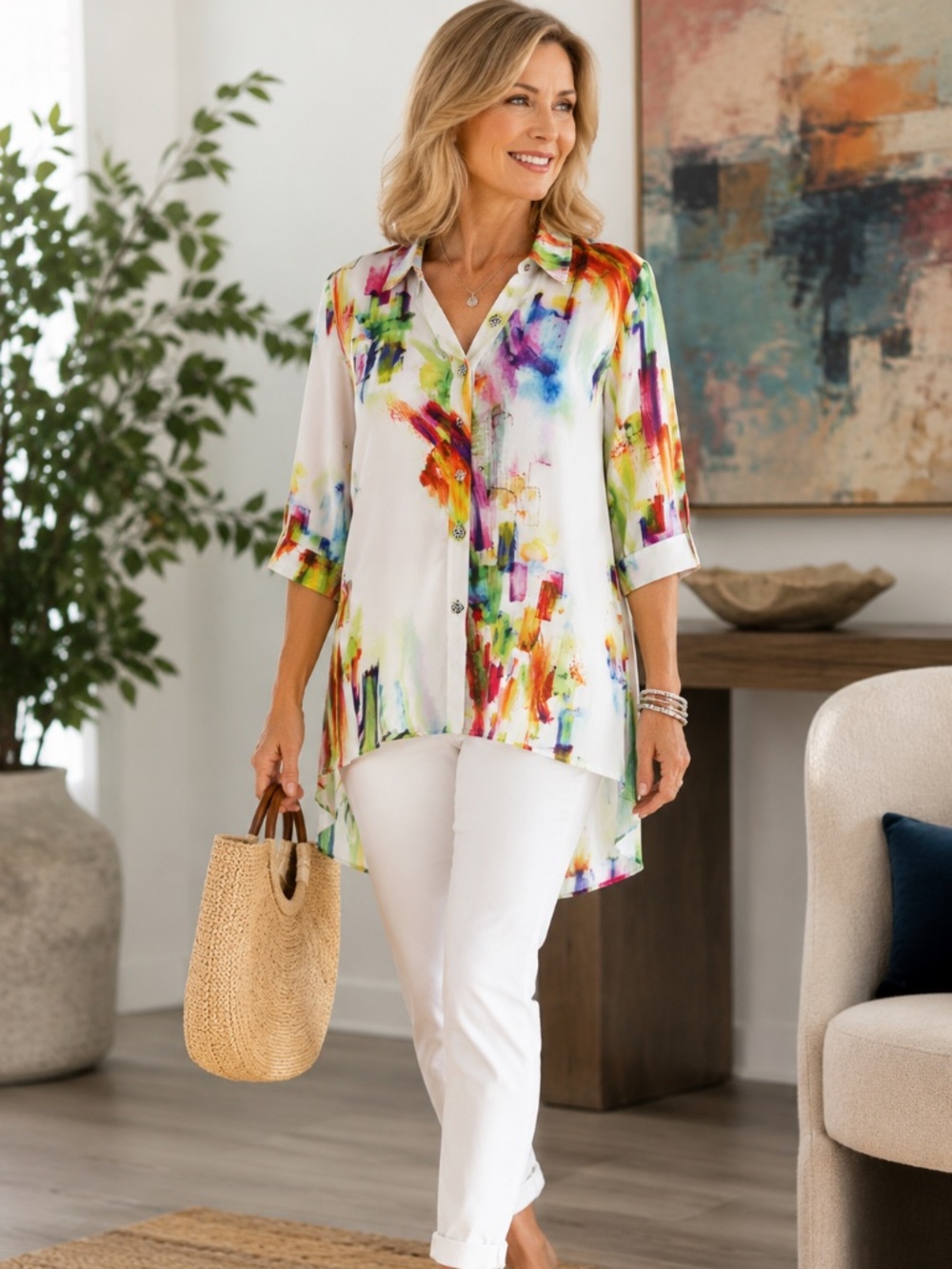 NWT ZOE Michael Phillips Abstract Art Blouse Size M | Made in Canada